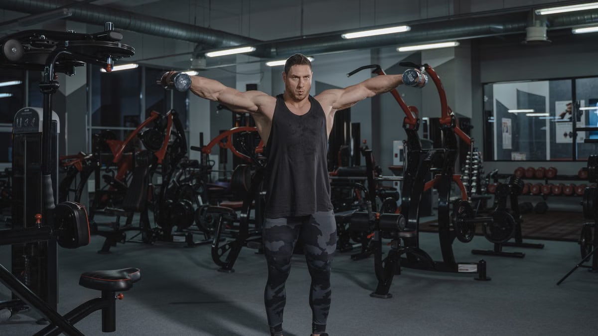 A muscular man in a black tank top performing dumbbell raises in a modern gym.